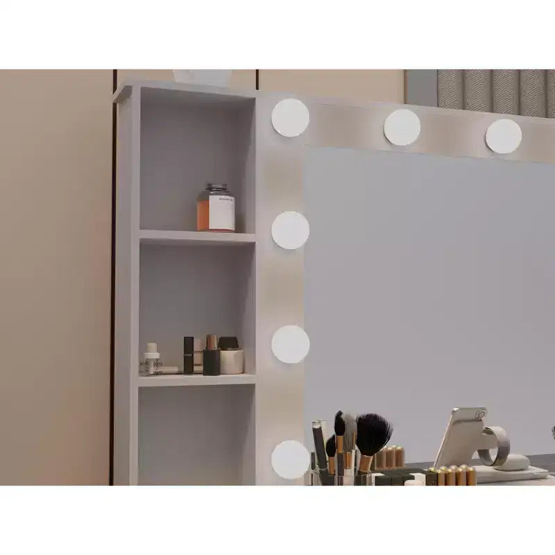 Okak Elegent Vanity Desk with Large Mirror, Makeup Vanity with Charging Station, Dressing Table for Living Room, Bedroom, White