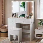 BALHAM TRADE-Vanity Desk with Mirror 11 LED Lights Power Outlet Makeup Vanity Set Storage Cabinet Drawers Chair