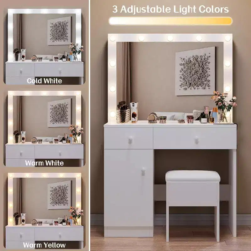 BALHAM TRADE-Schminktisch mit Spiegel, 11 LED-Leuchten, Steckdose, Schminktisch-Set mit Stauraumschrank, Schubladen und Stuhl