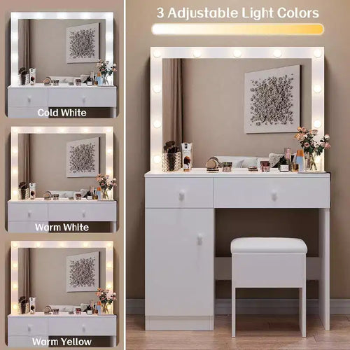 BALHAM TRADE: escritorio de tocador con espejo, 11 luces LED, toma de corriente, conjunto de tocador de maquillaje con gabinete de almacenamiento, cajones y silla