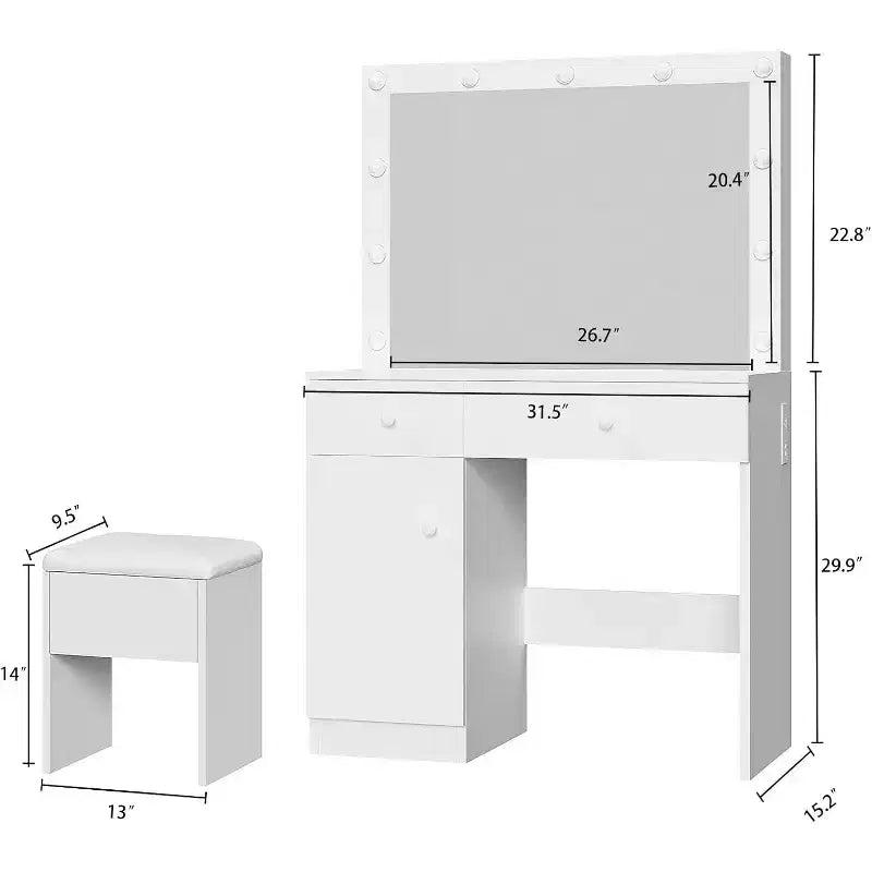 BALHAM TRADE-Schminktisch mit Spiegel, 11 LED-Leuchten, Steckdose, Schminktisch-Set mit Stauraumschrank, Schubladen und Stuhl