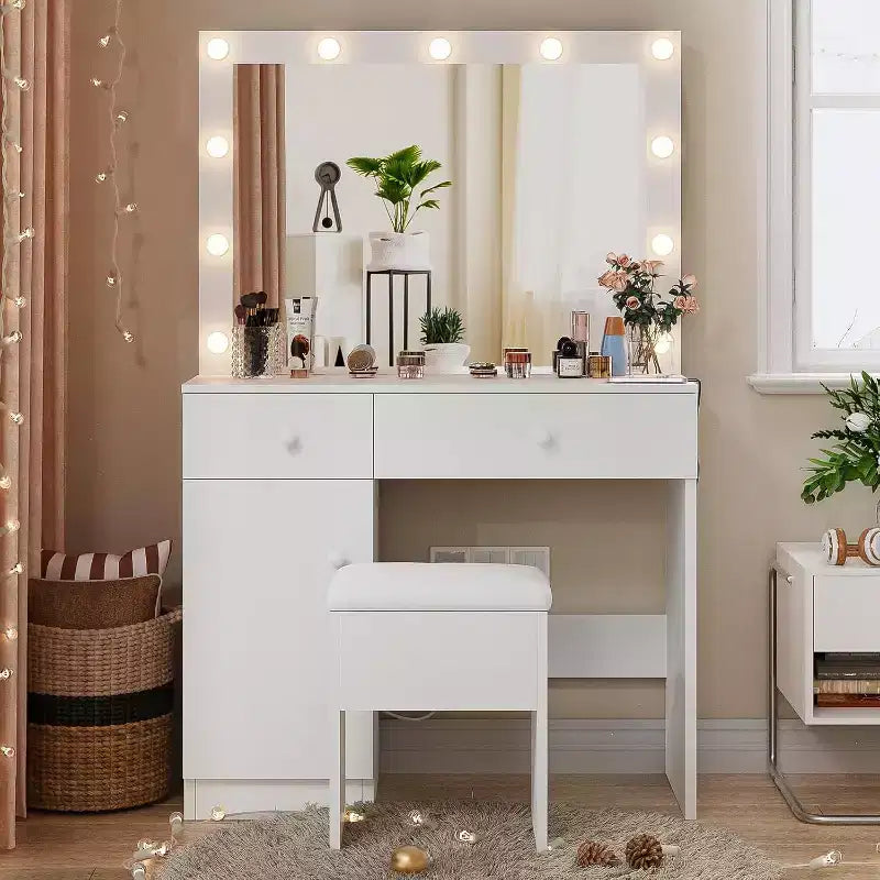 BALHAM TRADE-Schminktisch mit Spiegel, 11 LED-Leuchten, Steckdose, Schminktisch-Set mit Stauraumschrank, Schubladen und Stuhl