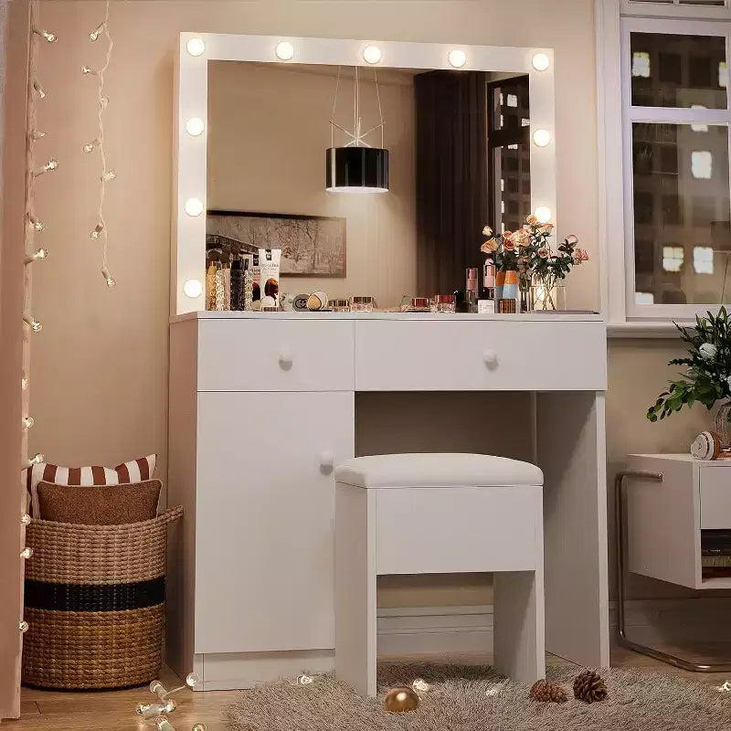 BALHAM TRADE-Schminktisch mit Spiegel, 11 LED-Leuchten, Steckdose, Schminktisch-Set mit Stauraumschrank, Schubladen und Stuhl