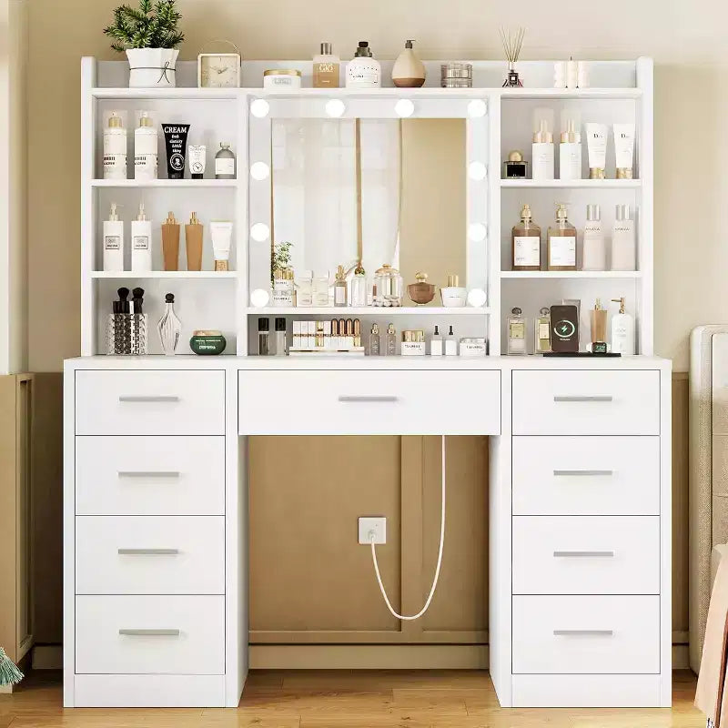 BALHAM TRADE-Vanity Desk with Mirror and Lights 9 Drawers 6 Shelves 3 Lighting Modes Adjustable Brightness