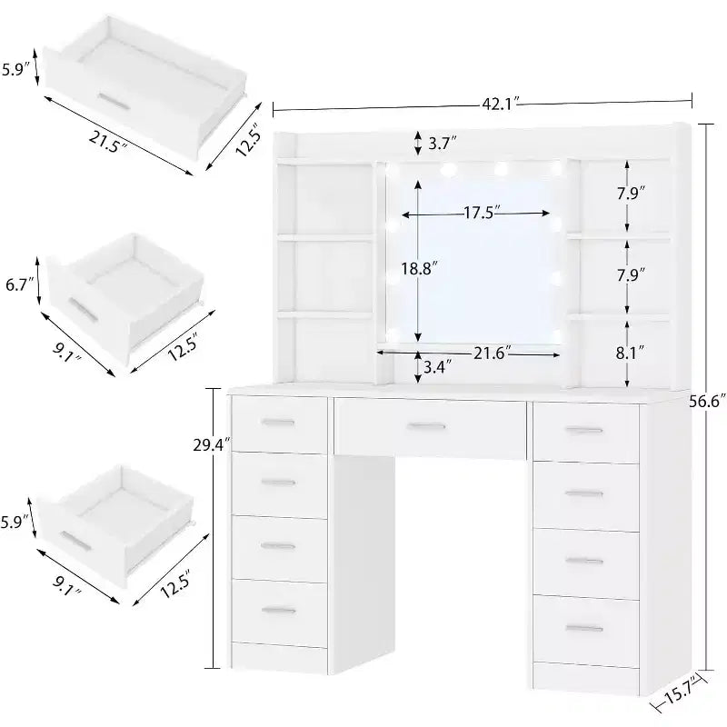 BALHAM TRADE-kaptafel met spiegel en verlichting, 9 laden, 6 planken, 3 verlichtingsmodi en instelbare helderheid