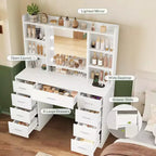 BALHAM TRADE-kaptafel met spiegel en verlichting, 9 laden, 6 planken, 3 verlichtingsmodi en instelbare helderheid