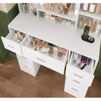 BALHAM TRADE-kaptafel met spiegel en verlichting, 9 laden, 6 planken, 3 verlichtingsmodi en instelbare helderheid