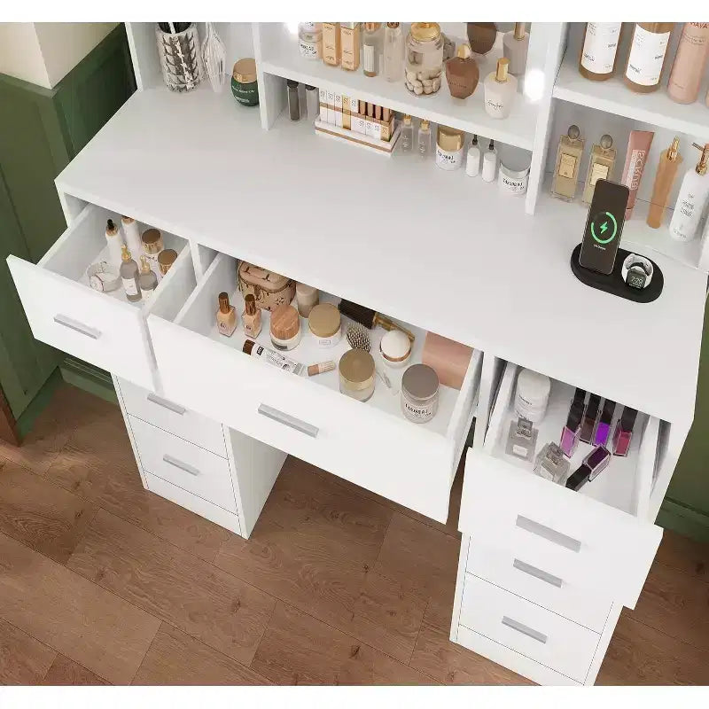 BALHAM TRADE-kaptafel met spiegel en verlichting, 9 laden, 6 planken, 3 verlichtingsmodi en instelbare helderheid