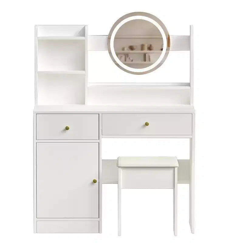 Vanity Desk with LED Lighted Mirror, Modern Bedroom Makeup Table, 3 Lighting Modes & Adjustable Brightness, Cabinet & Upholstered Stool Included
