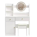 Vanity Desk with LED Lighted Mirror, Modern Bedroom Makeup Table, 3 Lighting Modes & Adjustable Brightness, Cabinet & Upholstered Stool Included