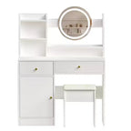 Vanity Desk with LED Lighted Mirror, Modern Bedroom Makeup Table, 3 Lighting Modes & Adjustable Brightness, Cabinet & Upholstered Stool Included