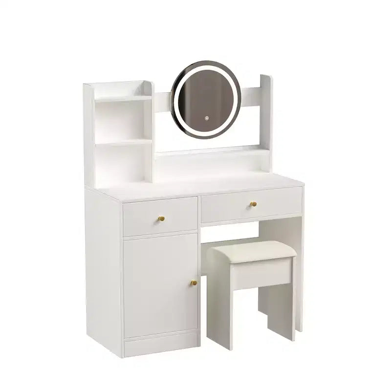 Scrivania da toeletta con specchio illuminato a LED, moderno tavolo da trucco per camera da letto, 3 modalità di illuminazione e luminosità regolabile, mobiletto e sgabello imbottito inclusi