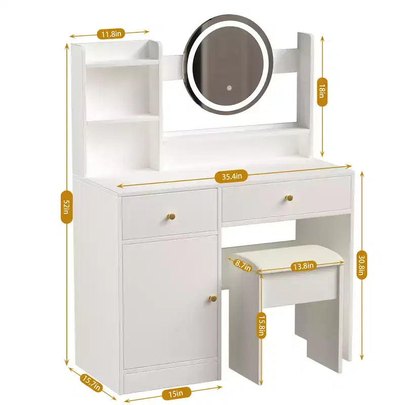 Scrivania da toeletta con specchio illuminato a LED, moderno tavolo da trucco per camera da letto, 3 modalità di illuminazione e luminosità regolabile, mobiletto e sgabello imbottito inclusi