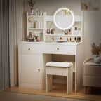 Scrivania da toeletta con specchio illuminato a LED, moderno tavolo da trucco per camera da letto, 3 modalità di illuminazione e luminosità regolabile, mobiletto e sgabello imbottito inclusi