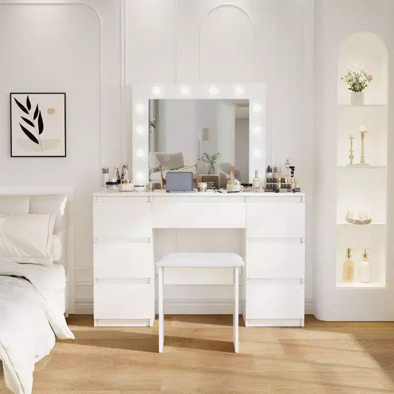Kaptafel met spiegel en verlichting, 3 kleurverlichtingsmodi, make-uptafel met 4 opberglades voor de slaapkamer