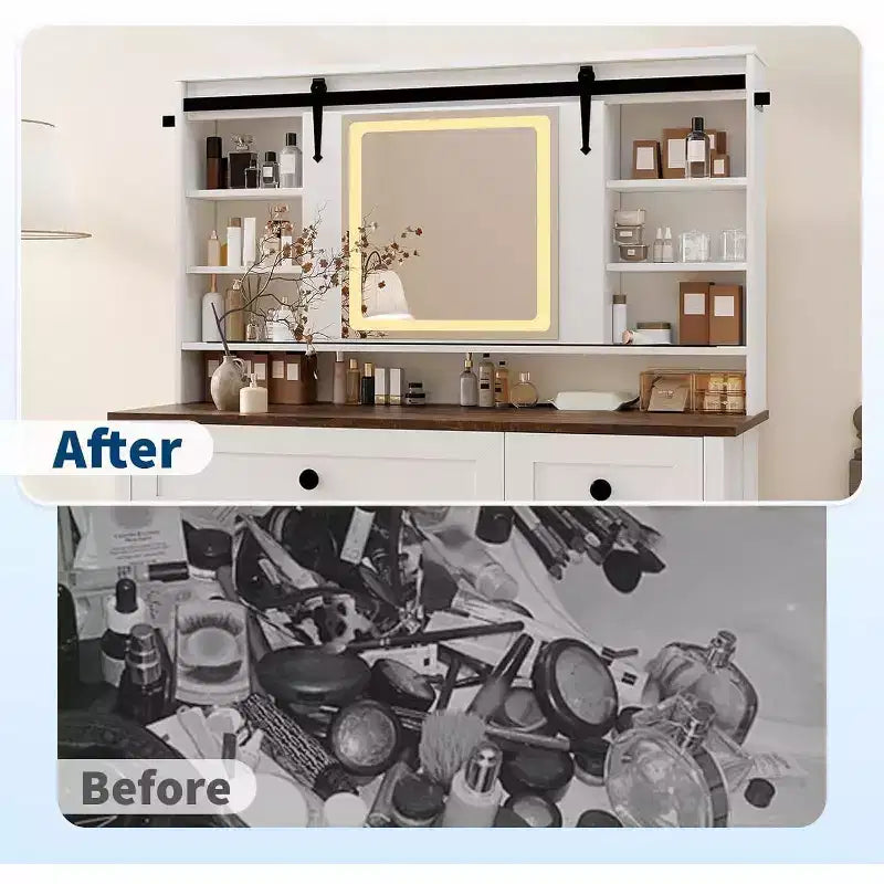 Scrivania da toeletta con specchio illuminato a LED, tavolo da trucco con stazione di ricarica, cassetti e sgabello contenitore, moderna toeletta bianca per camera da letto