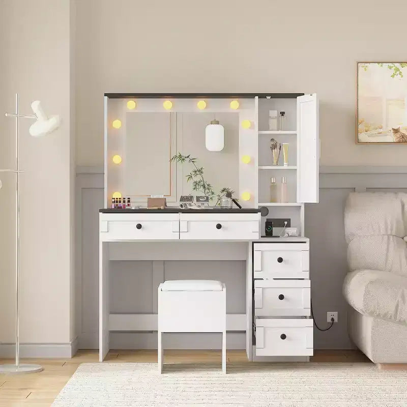 Witte make-uptafelhockerset, kleine kaptafel met verlichte spiegel, oplaadstation, 5 laden, kast met 3 niveaus en gestoffeerde hocker