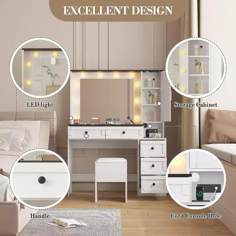 Witte make-uptafelhockerset, kleine kaptafel met verlichte spiegel, oplaadstation, 5 laden, kast met 3 niveaus en gestoffeerde hocker