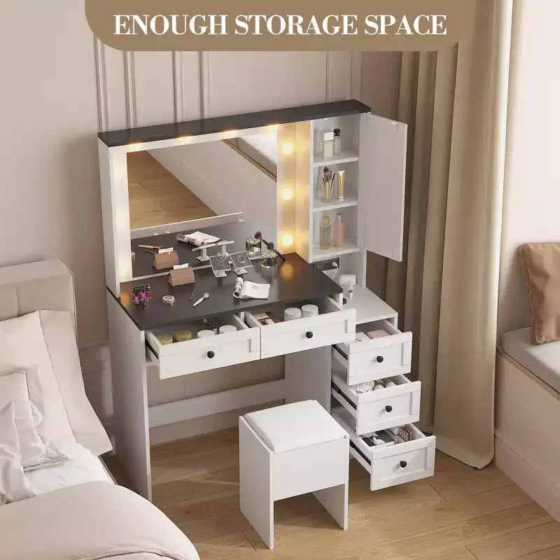 Witte make-uptafelhockerset, kleine kaptafel met verlichte spiegel, oplaadstation, 5 laden, kast met 3 niveaus en gestoffeerde hocker