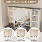 Witte make-uptafelhockerset, kleine kaptafel met verlichte spiegel, oplaadstation, 5 laden, kast met 3 niveaus en gestoffeerde hocker