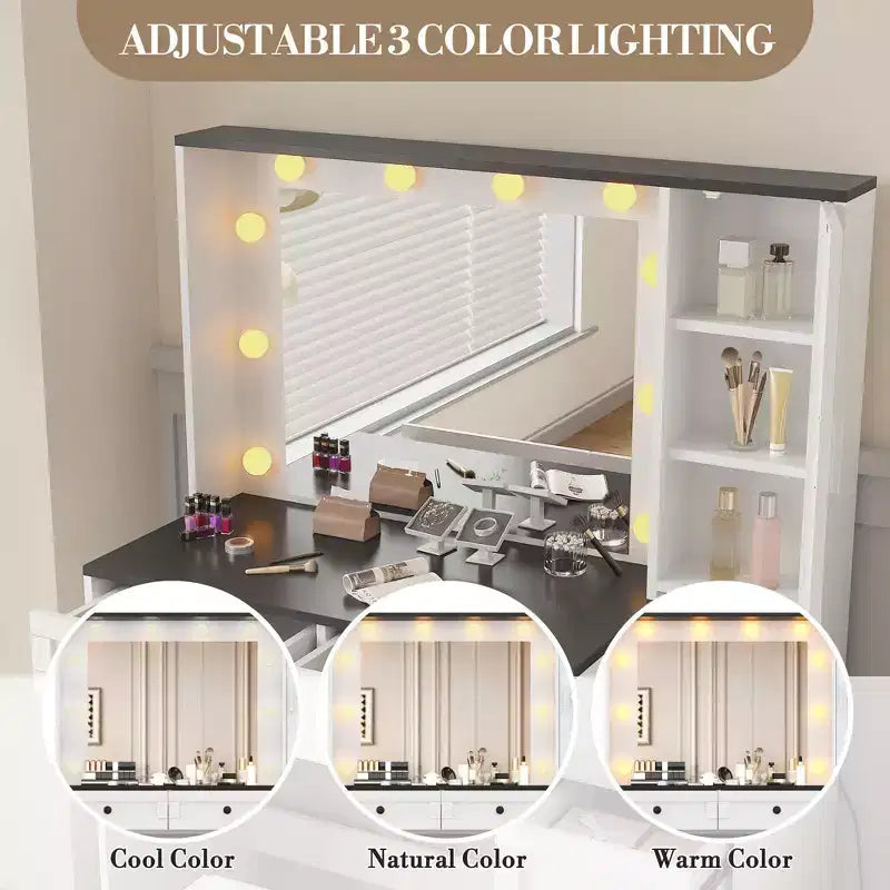 Witte make-uptafelhockerset, kleine kaptafel met verlichte spiegel, oplaadstation, 5 laden, kast met 3 niveaus en gestoffeerde hocker