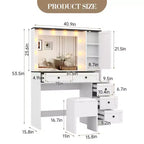 Witte make-uptafelhockerset, kleine kaptafel met verlichte spiegel, oplaadstation, 5 laden, kast met 3 niveaus en gestoffeerde hocker