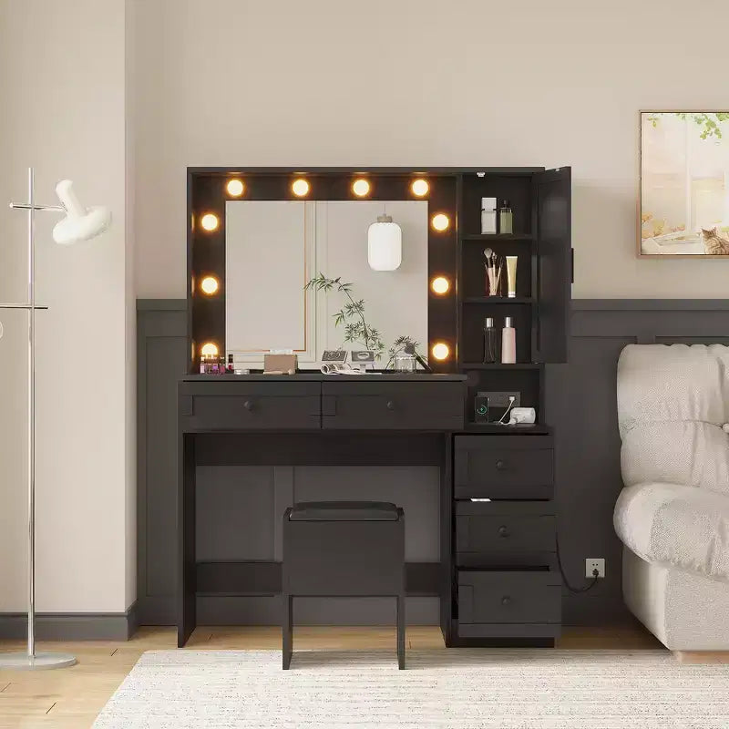 Witte make-uptafelhockerset, kleine kaptafel met verlichte spiegel, oplaadstation, 5 laden, kast met 3 niveaus en gestoffeerde hocker