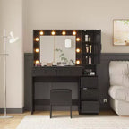 Witte make-uptafelhockerset, kleine kaptafel met verlichte spiegel, oplaadstation, 5 laden, kast met 3 niveaus en gestoffeerde hocker