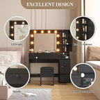 Witte make-uptafelhockerset, kleine kaptafel met verlichte spiegel, oplaadstation, 5 laden, kast met 3 niveaus en gestoffeerde hocker