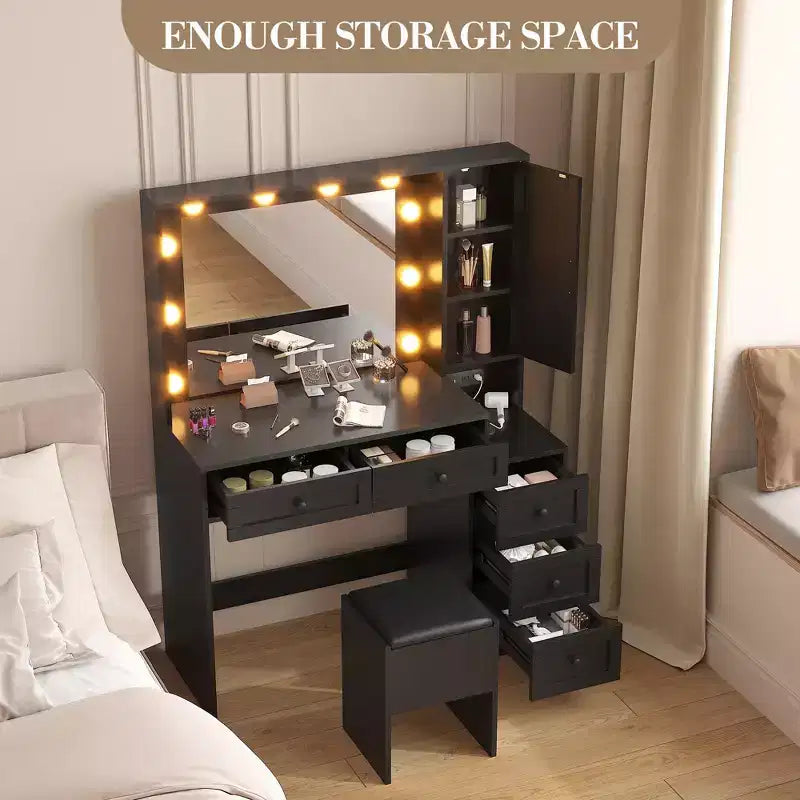 Witte make-uptafelhockerset, kleine kaptafel met verlichte spiegel, oplaadstation, 5 laden, kast met 3 niveaus en gestoffeerde hocker