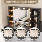 Witte make-uptafelhockerset, kleine kaptafel met verlichte spiegel, oplaadstation, 5 laden, kast met 3 niveaus en gestoffeerde hocker