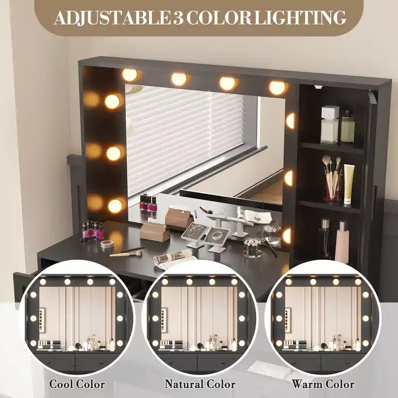Witte make-uptafelhockerset, kleine kaptafel met verlichte spiegel, oplaadstation, 5 laden, kast met 3 niveaus en gestoffeerde hocker
