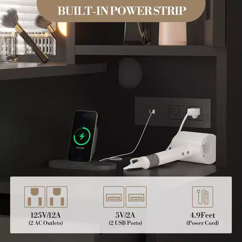 Witte make-uptafelhockerset, kleine kaptafel met verlichte spiegel, oplaadstation, 5 laden, kast met 3 niveaus en gestoffeerde hocker