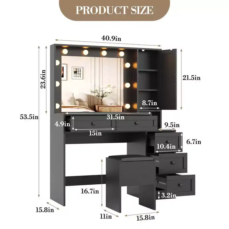 Witte make-uptafelhockerset, kleine kaptafel met verlichte spiegel, oplaadstation, 5 laden, kast met 3 niveaus en gestoffeerde hocker