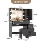 Witte make-uptafelhockerset, kleine kaptafel met verlichte spiegel, oplaadstation, 5 laden, kast met 3 niveaus en gestoffeerde hocker