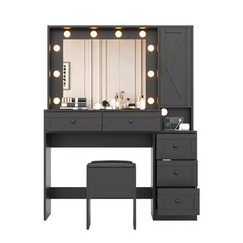 White Makeup Vanity Stool Set, Small Vanity Desk with Lighted Mirror, Charging Station, 5 Drawers, 3-Tier Cabinet and Upholstered Stool