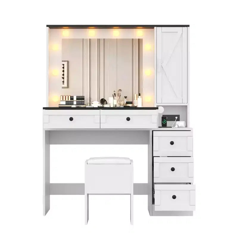 Conjunto blanco de taburete y tocador de maquillaje, tocador pequeño con espejo iluminado, estación de carga, 5 cajones, armario de 3 niveles y taburete tapizado