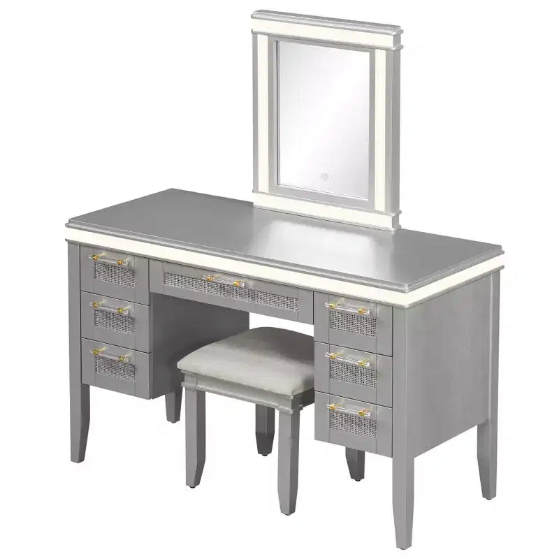 48 Vanity with Mirror & Light, 7 Drawers, Upholstered Stool, Classic Beige, Hollow Drawer Design, Rubberwood Legs Bedroom Style