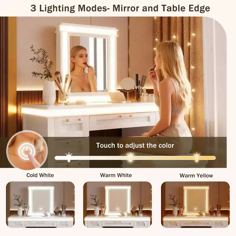 48 Vanity with Mirror & Light, 7 Drawers, Upholstered Stool, Classic Beige, Hollow Drawer Design, Rubberwood Legs Bedroom Style