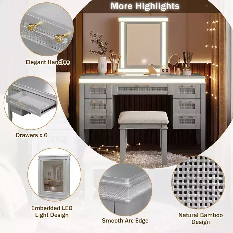 48 Vanity with Mirror & Light, 7 Drawers, Upholstered Stool, Classic Beige, Hollow Drawer Design, Rubberwood Legs Bedroom Style