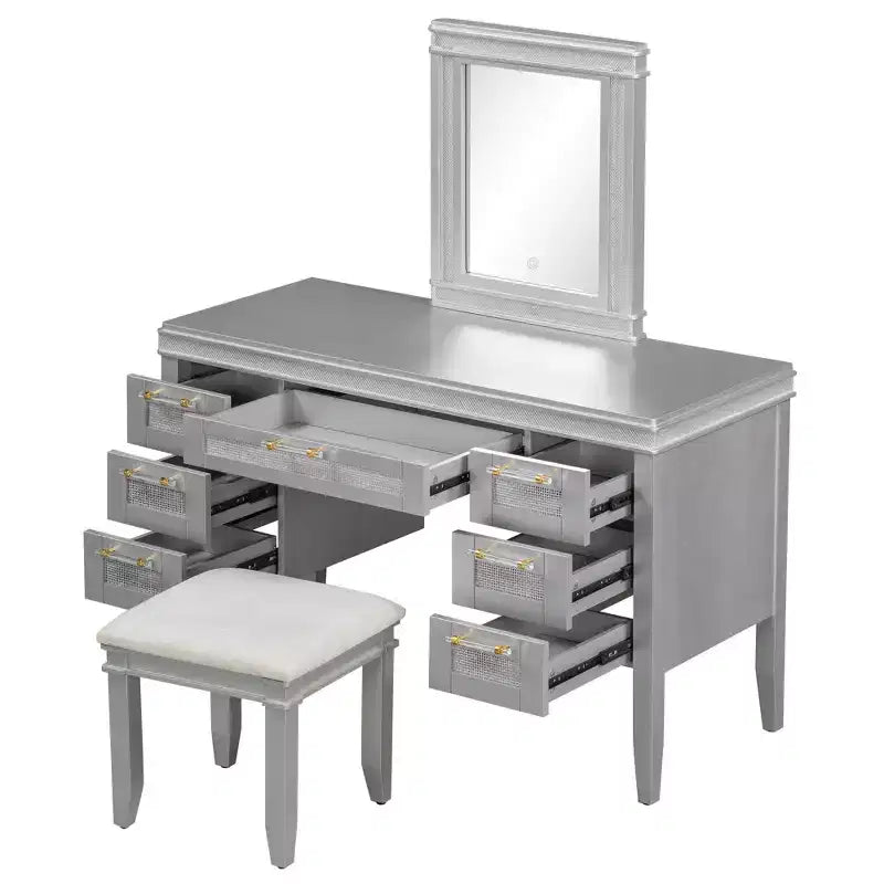 48 Vanity with Mirror & Light, 7 Drawers, Upholstered Stool, Classic Beige, Hollow Drawer Design, Rubberwood Legs Bedroom Style