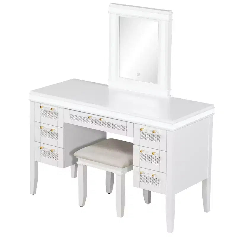 48 Vanity with Mirror & Light, 7 Drawers, Upholstered Stool, Classic Beige, Hollow Drawer Design, Rubberwood Legs Bedroom Style