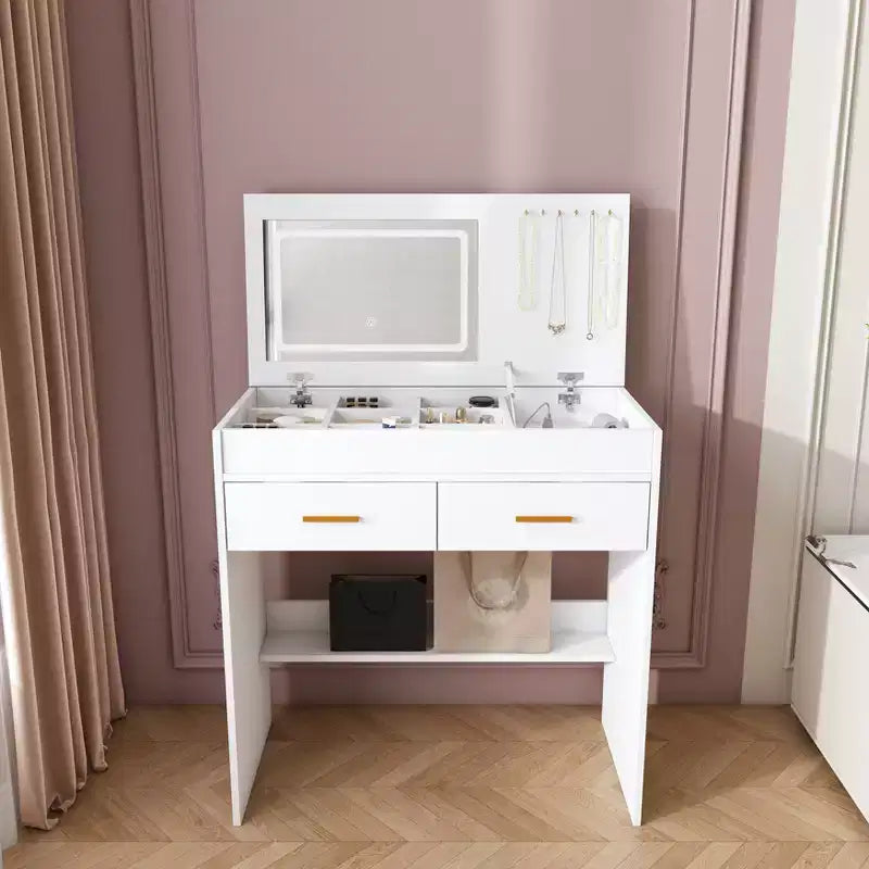 31.5 Flip-Top Makeup Dressing Table with LED Lighted Mirror & Built-in Outlet - Makeup Vanity Table with 2 Drawers, Hooks for Jewelry