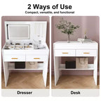31.5 Flip-Top Makeup Dressing Table with LED Lighted Mirror & Built-in Outlet - Makeup Vanity Table with 2 Drawers, Hooks for Jewelry