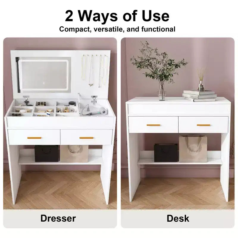 31.5 Flip-Top Makeup Dressing Table with LED Lighted Mirror & Built-in Outlet - Makeup Vanity Table with 2 Drawers, Hooks for Jewelry