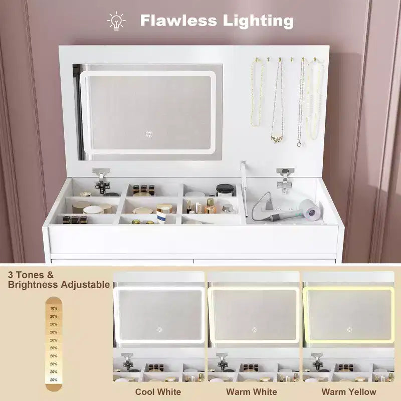 31.5 Flip-Top Makeup Dressing Table with LED Lighted Mirror & Built-in Outlet - Makeup Vanity Table with 2 Drawers, Hooks for Jewelry