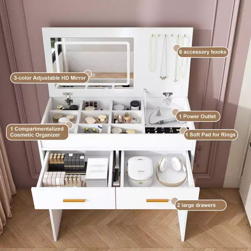 31.5 Flip-Top Makeup Dressing Table with LED Lighted Mirror & Built-in Outlet - Makeup Vanity Table with 2 Drawers, Hooks for Jewelry