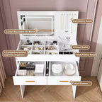 31.5 Flip-Top Makeup Dressing Table with LED Lighted Mirror & Built-in Outlet - Makeup Vanity Table with 2 Drawers, Hooks for Jewelry