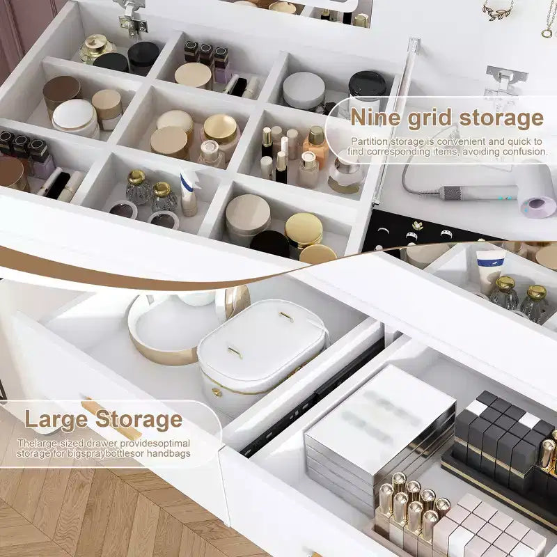 31.5 Flip-Top Makeup Dressing Table with LED Lighted Mirror & Built-in Outlet - Makeup Vanity Table with 2 Drawers, Hooks for Jewelry