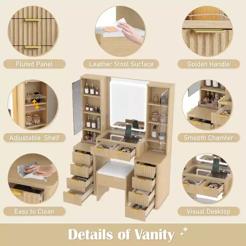 GDFStudio Ina Schminktisch aus Holz im modernen Mid-Century-Stil mit Hocker, beleuchtetem Spiegel, zwei Glastüren, 10 Schubladen und Ladestation